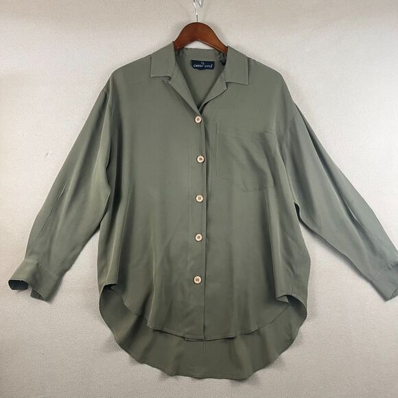 CAROLE LITTLE Olive Green Shirt Size 6 Light 100% Silk Long Sleeve Minimalistic - Picture 1 of 8